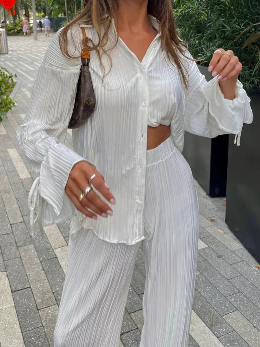 Wsevypo Women Two-piece Pleated Pants Suits Casual Chic Solid Color Long Sleeve Button down Shirts and Straight Leg Trousers Set