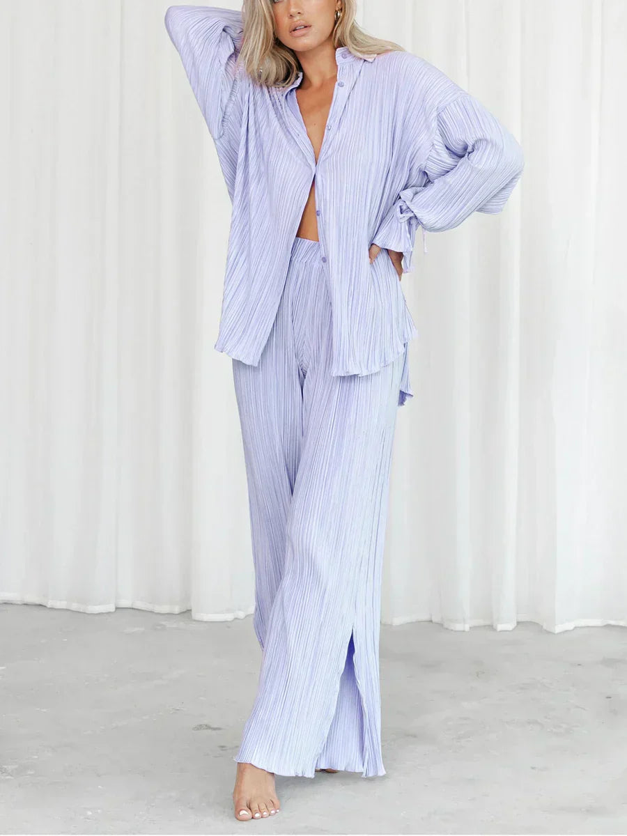 Wsevypo Women Two-piece Pleated Pants Suits Casual Chic Solid Color Long Sleeve Button down Shirts and Straight Leg Trousers Set