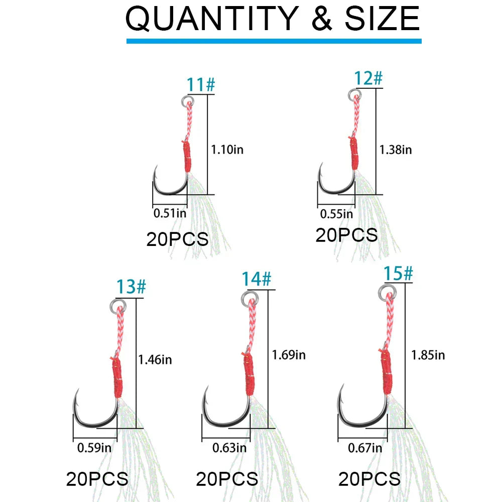 (Pack of 100) /box Cast Jig Assist Hook Slow Jigging lure Bass Fishing Hooks Barbed Hook Tying Up Fishhook With Feather sea fishing hook