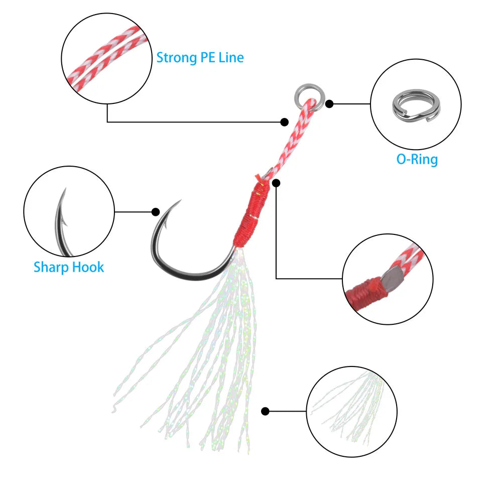 (Pack of 100) /box Cast Jig Assist Hook Slow Jigging lure Bass Fishing Hooks Barbed Hook Tying Up Fishhook With Feather sea fishing hook