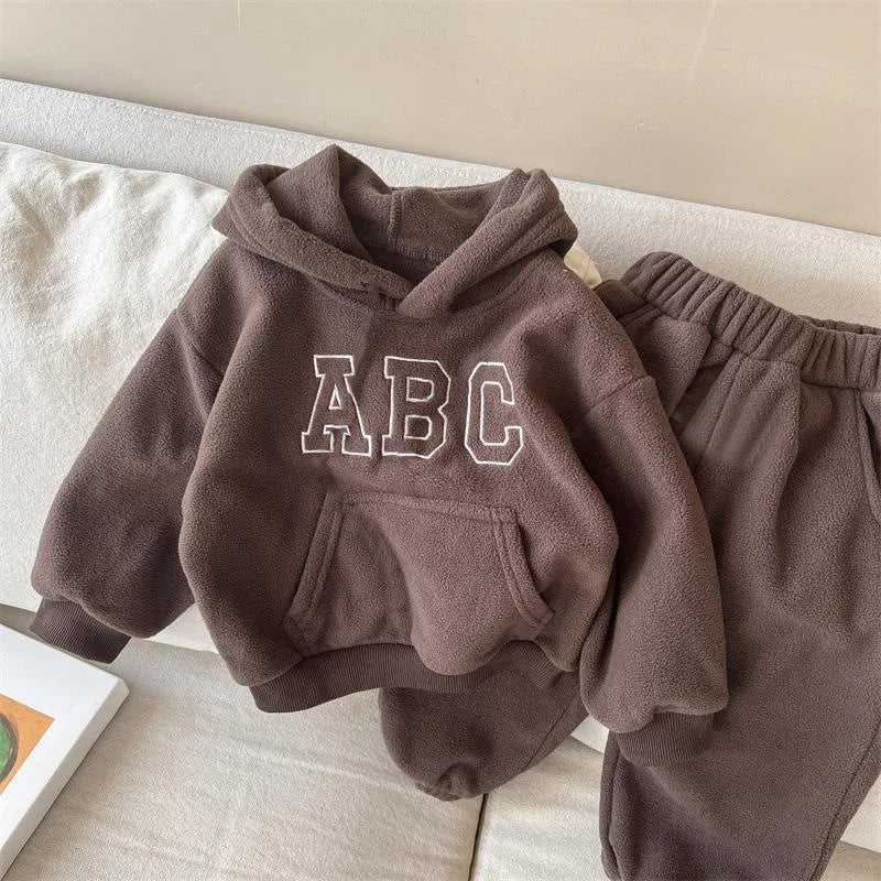 (Pack of 2) 2023 Winter New Baby Long Sleeve Warm Clothes Set Children Fleece Sweatshirt + Pants Suit Plus Velvet Thick Toddler Outfits