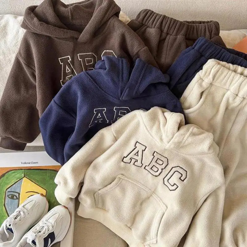 (Pack of 2) 2023 Winter New Baby Long Sleeve Warm Clothes Set Children Fleece Sweatshirt + Pants Suit Plus Velvet Thick Toddler Outfits