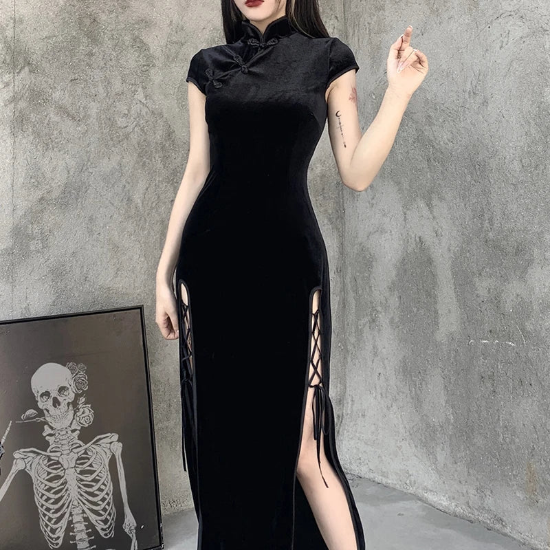 2024 Vintage Black Bandage Chinese Style Cheongsam High Split Velvet Dress Spring Retro Long Qipao Gothic Women Aesthetic Dress