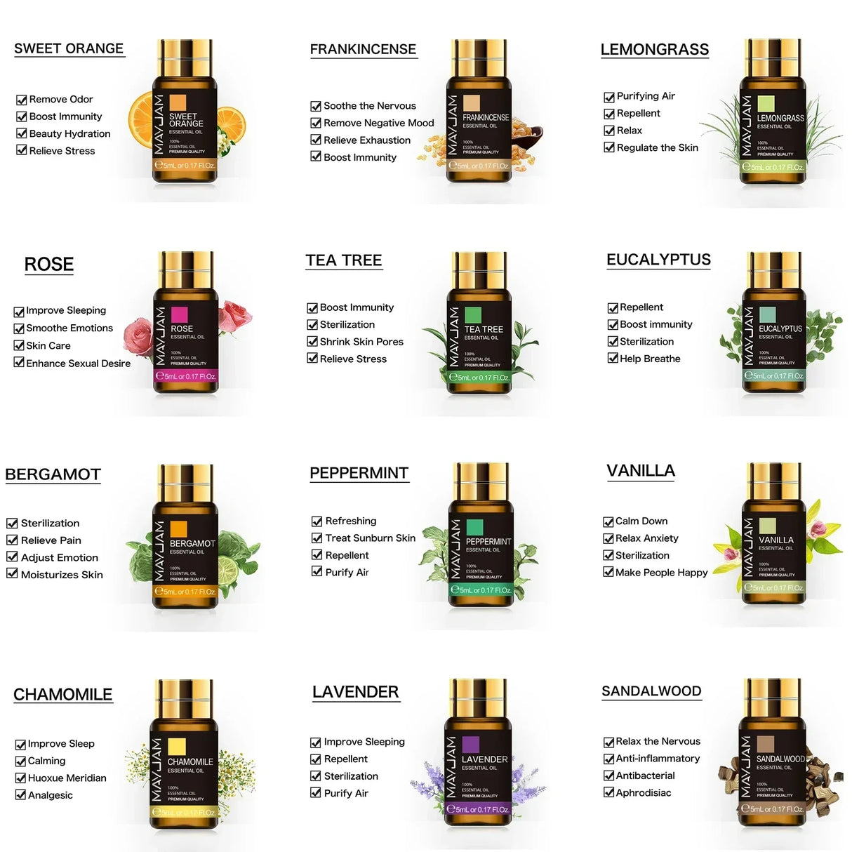 (Pack of 20) Gift Box Pure Natural Plant Essential Oils Set for Humidifier Diffuser Lemongrass Mint Eucalyptus Lavender Oil Citronella