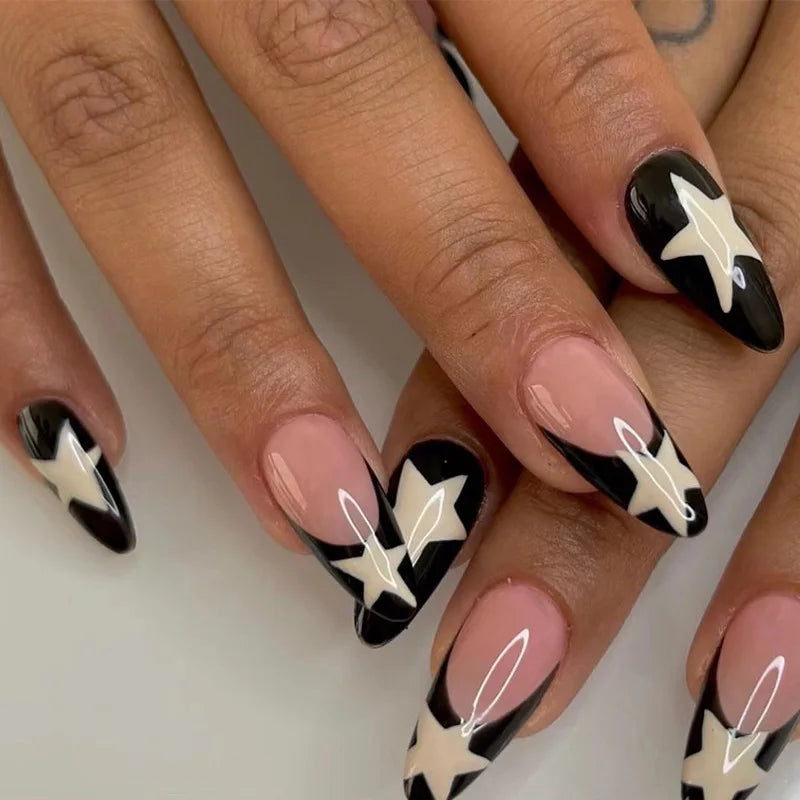 (Pack of 24) /box Fake French y2k Nails Press On Long Stiletto Almond Shape Wearable False Nails With Stars Designs Full Cover Nail Tips