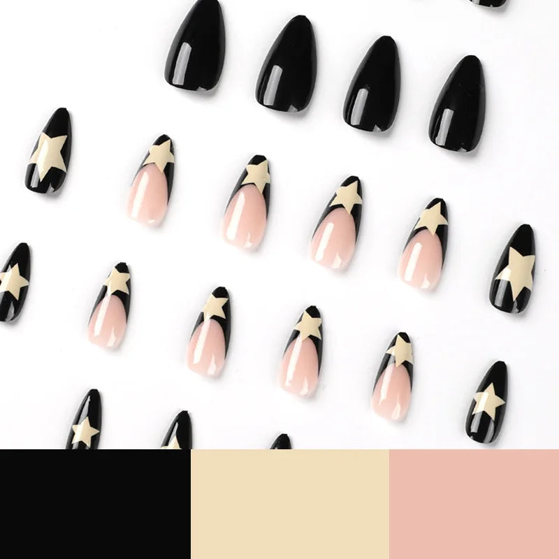 (Pack of 24) /box Fake French y2k Nails Press On Long Stiletto Almond Shape Wearable False Nails With Stars Designs Full Cover Nail Tips