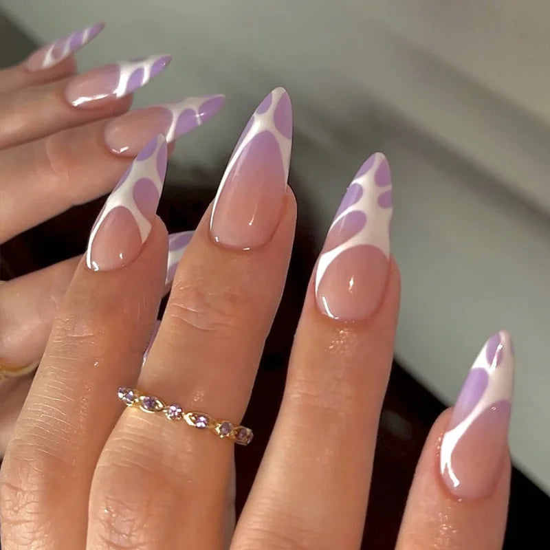 (Pack of 24) /box Fake French y2k Nails Press On Long Stiletto Almond Shape Wearable False Nails With Stars Designs Full Cover Nail Tips