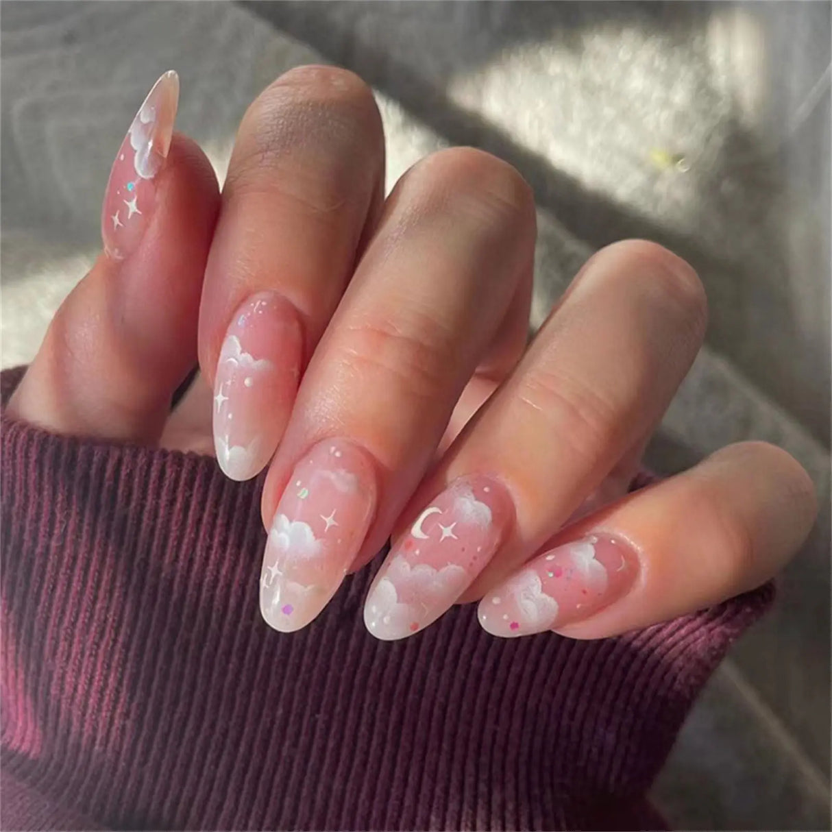 (Pack of 24) /box Fake French y2k Nails Press On Long Stiletto Almond Shape Wearable False Nails With Stars Designs Full Cover Nail Tips