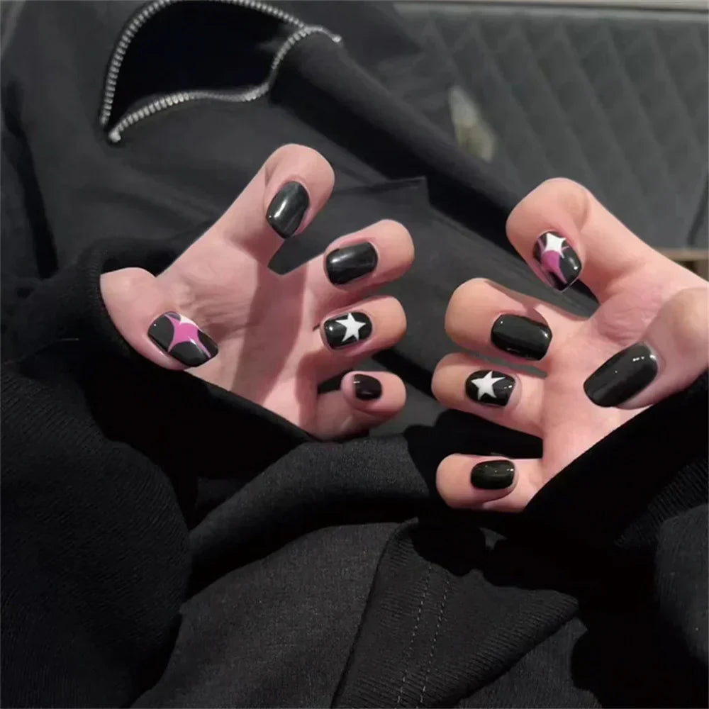 (Pack of 24) /box Fake French y2k Nails Press On Long Stiletto Almond Shape Wearable False Nails With Stars Designs Full Cover Nail Tips