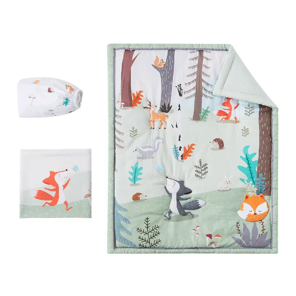 (Pack of 3) Microfiber Crib Bedding Set Forest And Animal Designs For Boys and Girls Baby Quilt Includes Quilt Crib Sheet, Crib Skirt