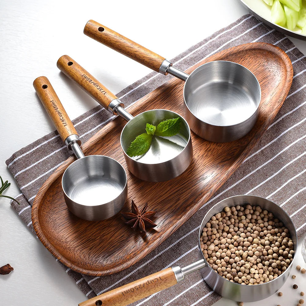 (Pack of 8) 4/ Kitchen Baking Tools Bakeware Measuring Tools & Scales Set Stainless Steel Measuring Cups and Spoons With Wooden Handle