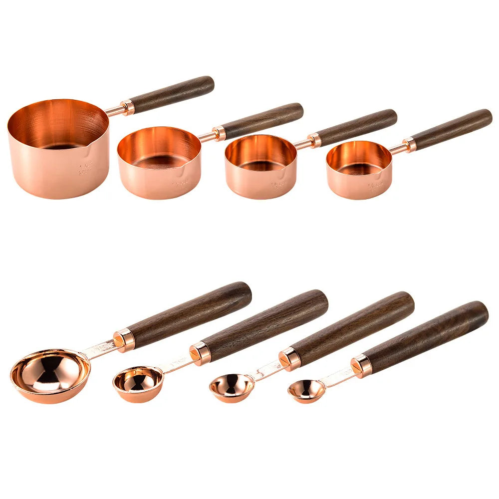(Pack of 8) 4/ Kitchen Baking Tools Bakeware Measuring Tools & Scales Set Stainless Steel Measuring Cups and Spoons With Wooden Handle