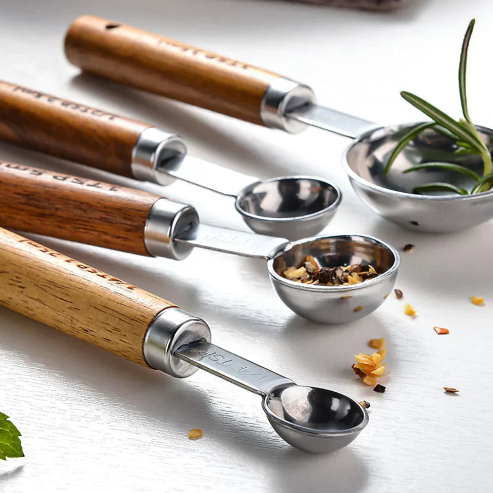 (Pack of 8) 4/ Kitchen Baking Tools Bakeware Measuring Tools & Scales Set Stainless Steel Measuring Cups and Spoons With Wooden Handle