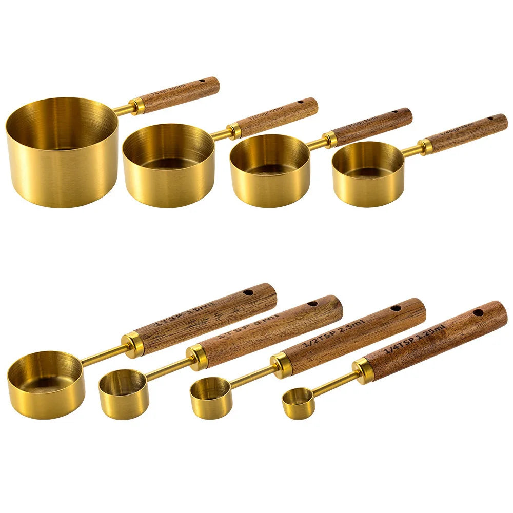 (Pack of 8) 4/ Kitchen Baking Tools Bakeware Measuring Tools & Scales Set Stainless Steel Measuring Cups and Spoons With Wooden Handle