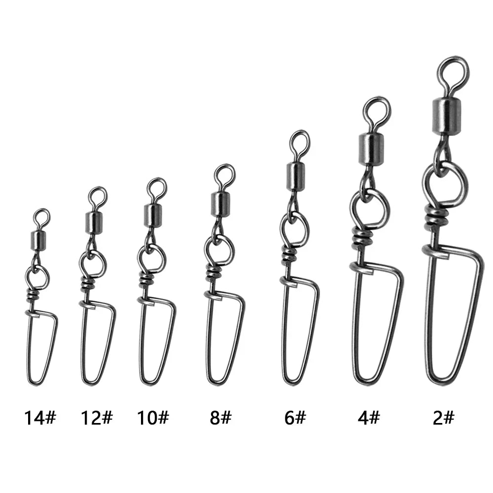(Pack of 100) 50-/ 1box Fishing Connector Swivels Interlock Pin Rolling Swivel With Hooked Snap For Fishhook Lure Fishing Accessories