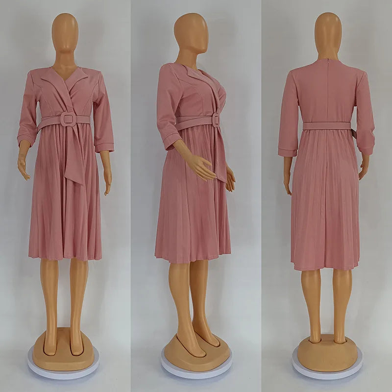 African Pleated Dresses for Women Summer Elegant African Half Sleeve V-neck Polyester Solid Color Dress Dashiki African Clothes