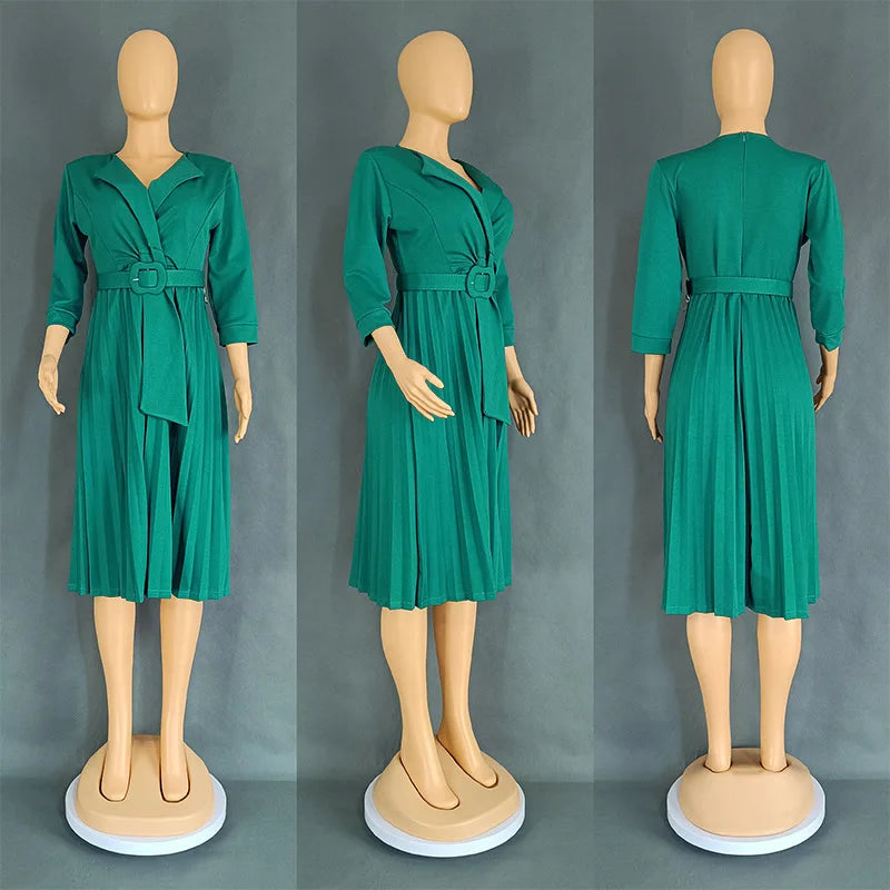 African Pleated Dresses for Women Summer Elegant African Half Sleeve V-neck Polyester Solid Color Dress Dashiki African Clothes