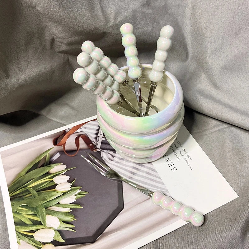 Ceramic Fruit Fork Organizer Desktop Kitchen Storage Stainless Steel Salad Fork Table Props Lunch Children Home Table Accessorie