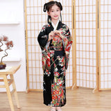 Children Girls Red Japanese Kimono Bathrobe Gown Print Flower Performance Clothing Yukata With Obitage Soft Cosplay Costume