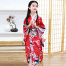 Children Girls Red Japanese Kimono Bathrobe Gown Print Flower Performance Clothing Yukata With Obitage Soft Cosplay Costume