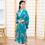 Children Girls Red Japanese Kimono Bathrobe Gown Print Flower Performance Clothing Yukata With Obitage Soft Cosplay Costume
