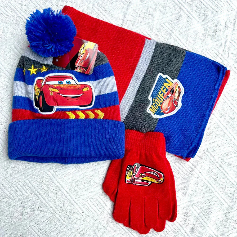 Disney New Autumn and Winter Children McQueen Cartoon Scarf Hat glove three-piece Warm Boy Girl blue grey stripe Car Child hat
