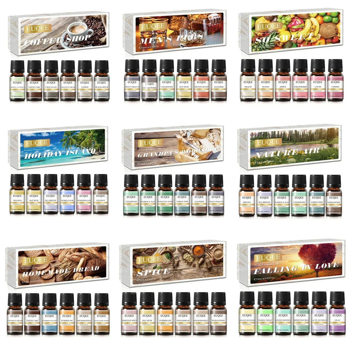 (Pack of 6) EUQEE /set Fragrance Oil Gift Kit For Diffuser Coffee Bakery Harvest Spice Pumpkin Pie Forest Pine Sweet Fruit Aroma Oils