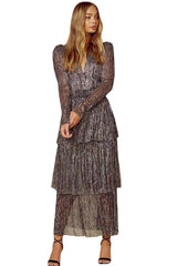 Elegant V Neck Layered Maxi Party Evening Dresses For Women 2024 Gray Long Sleeve Traf Clothes Fashion Vintage Ladies Prom Dress