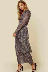 Elegant V Neck Layered Maxi Party Evening Dresses For Women 2024 Gray Long Sleeve Traf Clothes Fashion Vintage Ladies Prom Dress