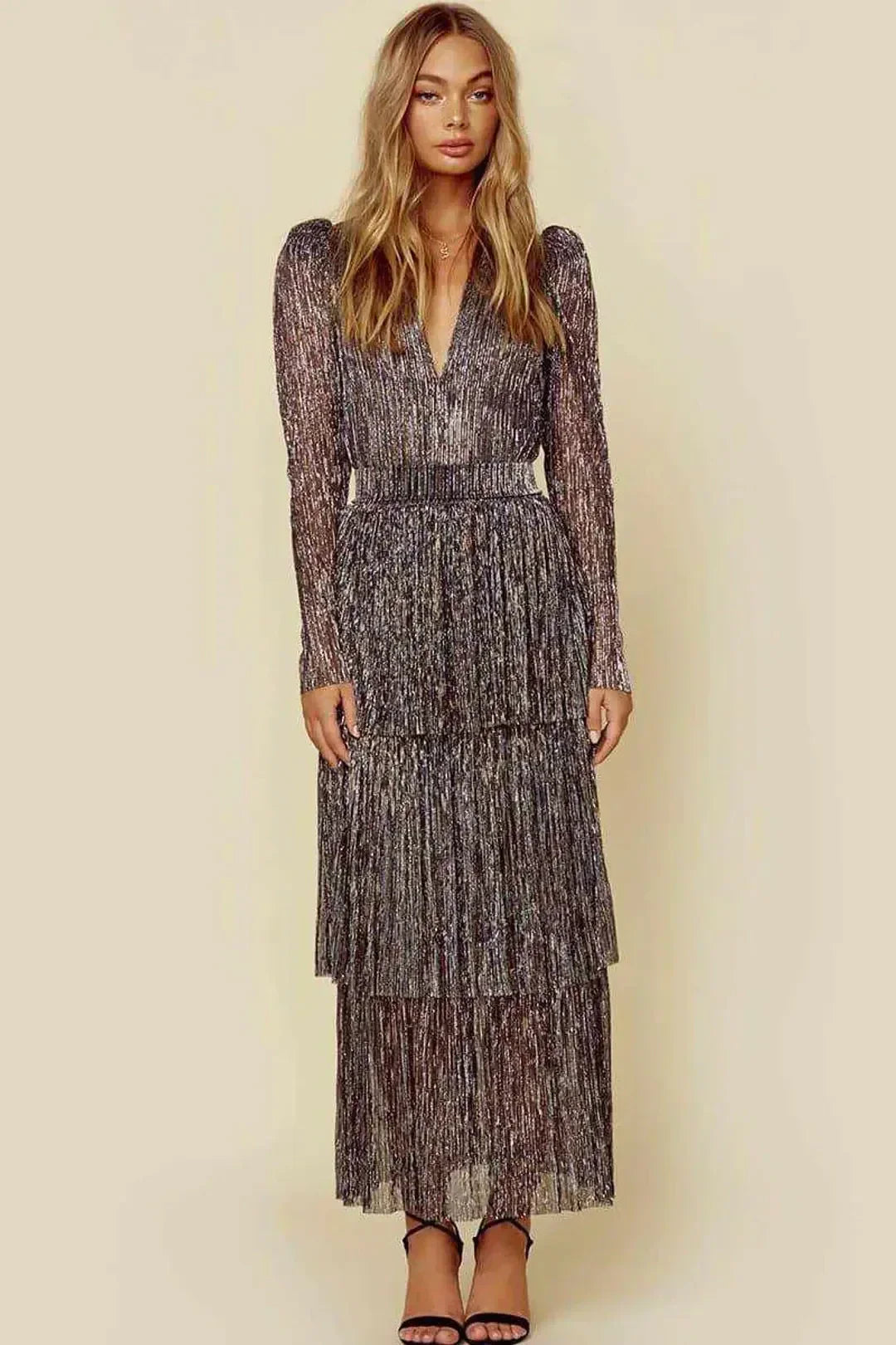 Elegant V Neck Layered Maxi Party Evening Dresses For Women 2024 Gray Long Sleeve Traf Clothes Fashion Vintage Ladies Prom Dress