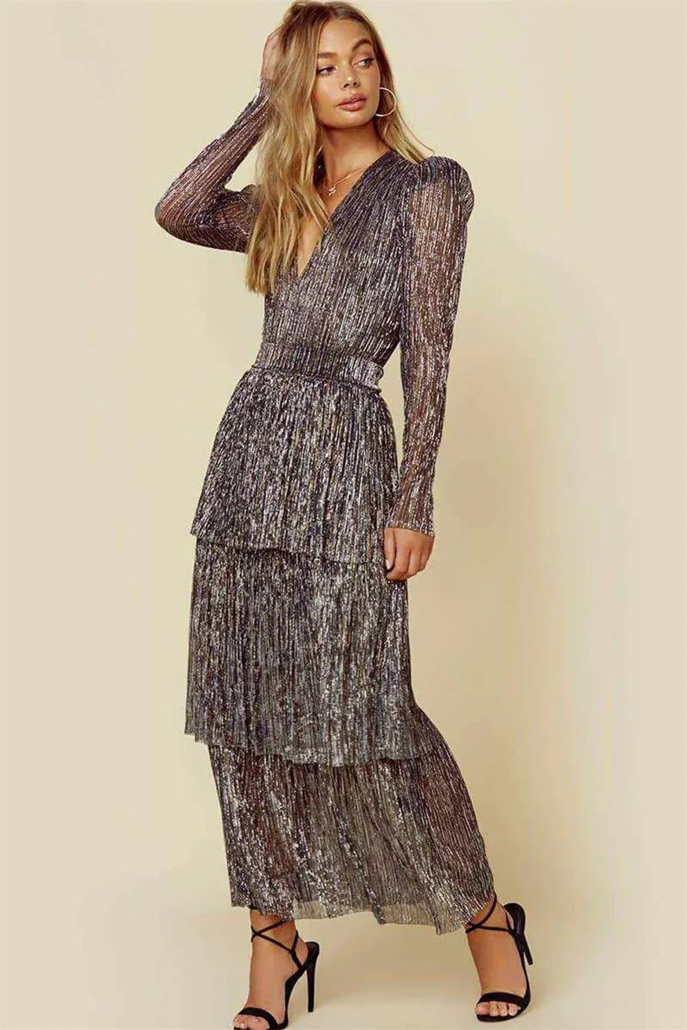 Elegant V Neck Layered Maxi Party Evening Dresses For Women 2024 Gray Long Sleeve Traf Clothes Fashion Vintage Ladies Prom Dress