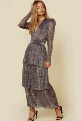 Elegant V Neck Layered Maxi Party Evening Dresses For Women 2024 Gray Long Sleeve Traf Clothes Fashion Vintage Ladies Prom Dress