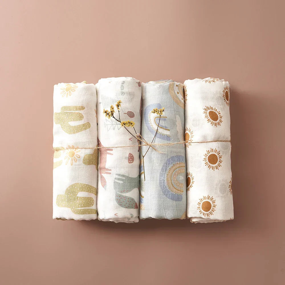 (Pack of 4) Elinfant Rainbow Color 100% Cotton Gift Set Popular Muslin Swaddle Blankets Bamboo Cotton Newborn Baby Bath Towel Wrap