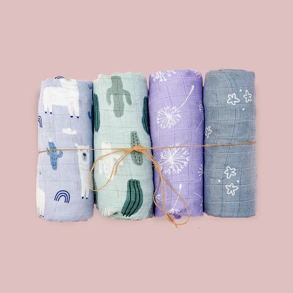 (Pack of 4) Elinfant Rainbow Color 100% Cotton Gift Set Popular Muslin Swaddle Blankets Bamboo Cotton Newborn Baby Bath Towel Wrap