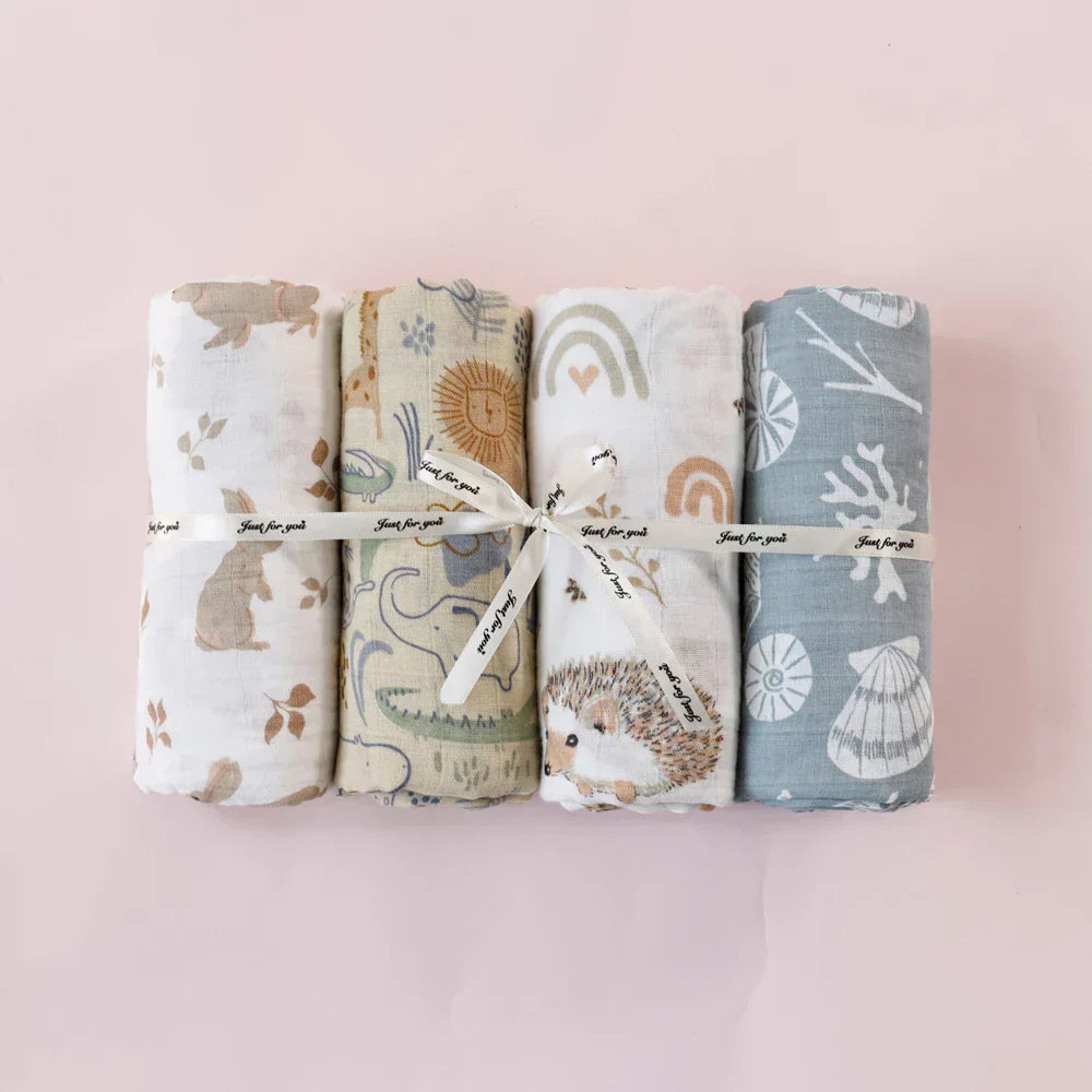 (Pack of 4) Elinfant Rainbow Color 100% Cotton Gift Set Popular Muslin Swaddle Blankets Bamboo Cotton Newborn Baby Bath Towel Wrap