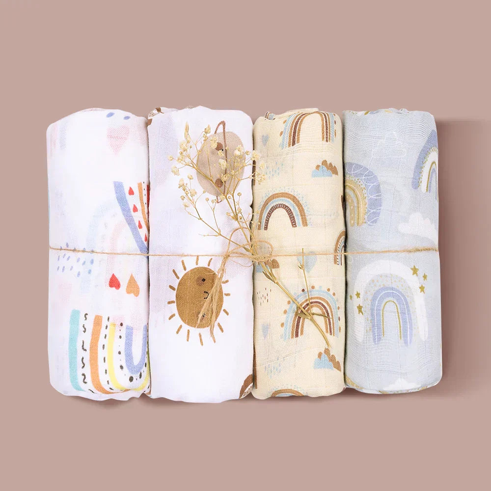 (Pack of 4) Elinfant Rainbow Color 100% Cotton Gift Set Popular Muslin Swaddle Blankets Bamboo Cotton Newborn Baby Bath Towel Wrap