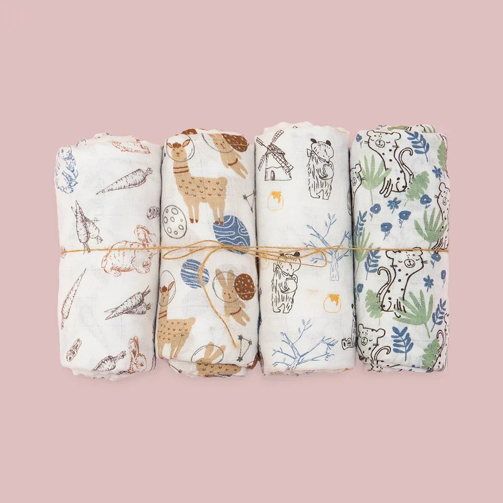 (Pack of 4) Elinfant Rainbow Color 100% Cotton Gift Set Popular Muslin Swaddle Blankets Bamboo Cotton Newborn Baby Bath Towel Wrap