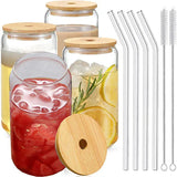 (Pack of 6) Glass Cup Bamboo Lid Bubble Tea Transparent Cold Drinking Coffee Mug Wine Milk Tea Cup Glass Straw Drinkware Durable 4/