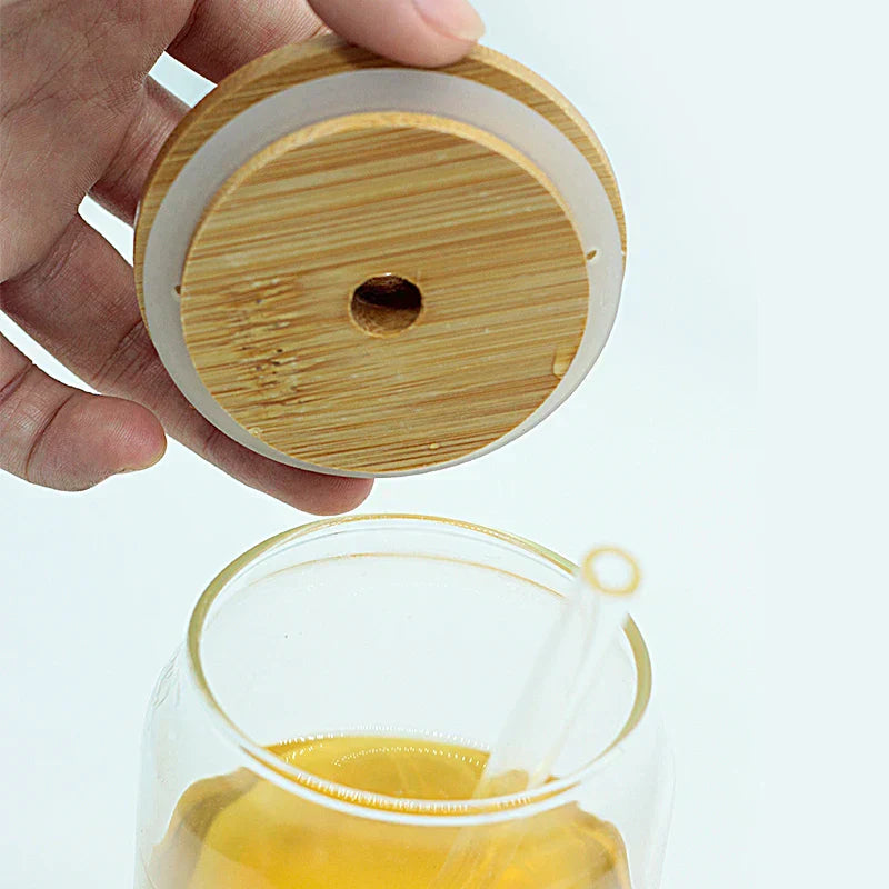 (Pack of 6) Glass Cup Bamboo Lid Bubble Tea Transparent Cold Drinking Coffee Mug Wine Milk Tea Cup Glass Straw Drinkware Durable 4/