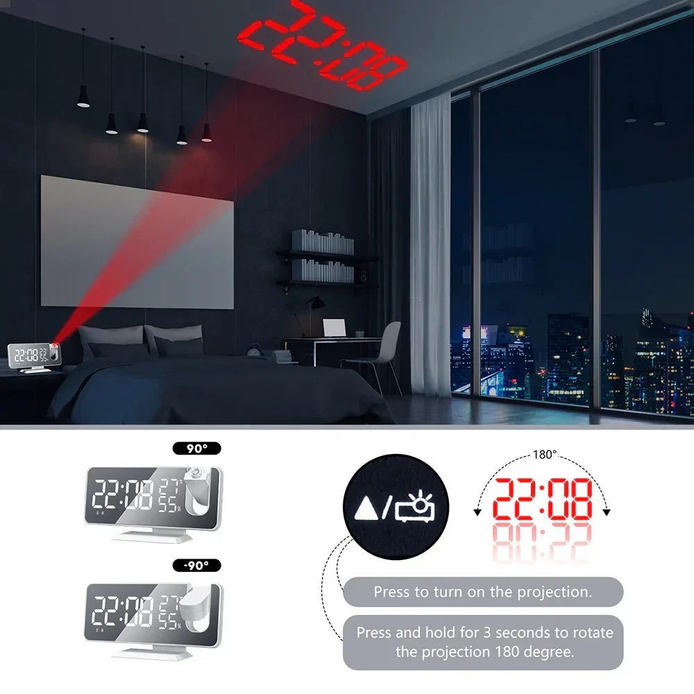 FM Radio LED Digital Smart Alarm Clock Watch Table Electronic Desktop Clocks USB Wake Up Clock with 180° Time Projection Snooze