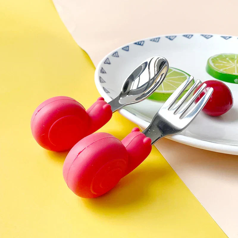Hippo Snail Whale Silicone Baby Spoon and Fork 316 Stainless Steel Utensil Set Learn To Eat Tableware Baby Infant Food Feeding