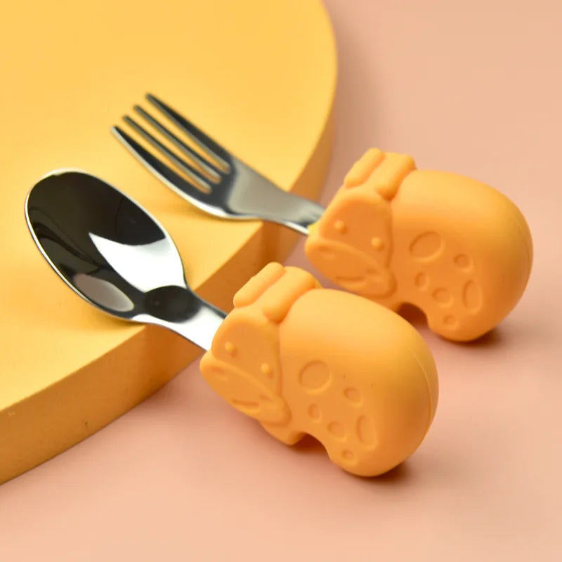Hippo Snail Whale Silicone Baby Spoon and Fork 316 Stainless Steel Utensil Set Learn To Eat Tableware Baby Infant Food Feeding