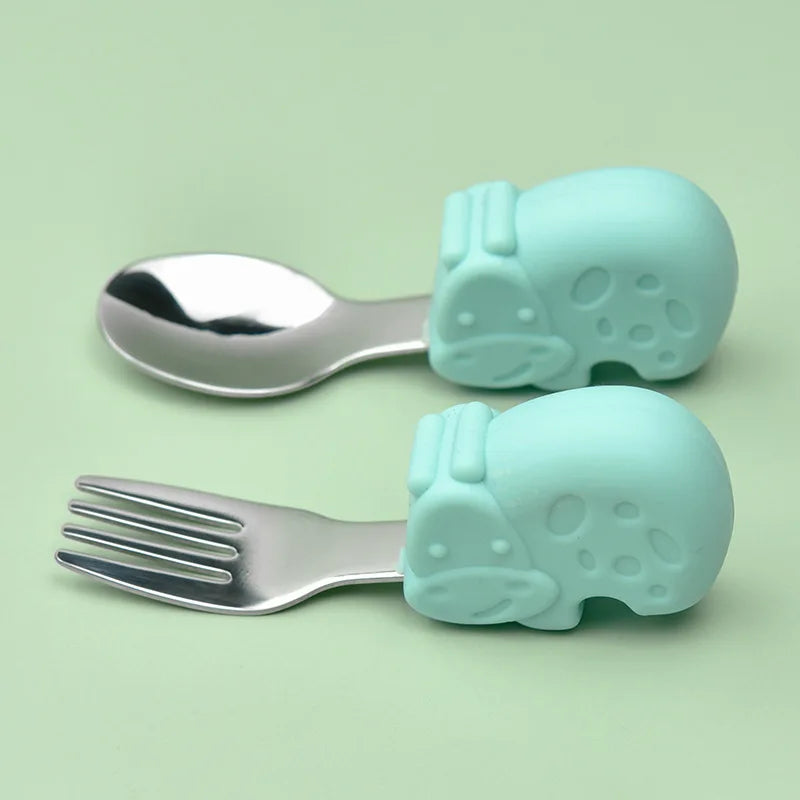 Hippo Snail Whale Silicone Baby Spoon and Fork 316 Stainless Steel Utensil Set Learn To Eat Tableware Baby Infant Food Feeding