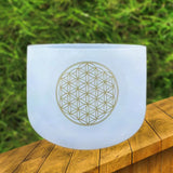 KVKA 8 Inch C Note 528Hz Life of Flower Design Chakra Frosted Quartz Crystal Singing Bowl with Free Mallet