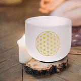 KVKA 8 Inch C Note 528Hz Life of Flower Design Chakra Frosted Quartz Crystal Singing Bowl with Free Mallet