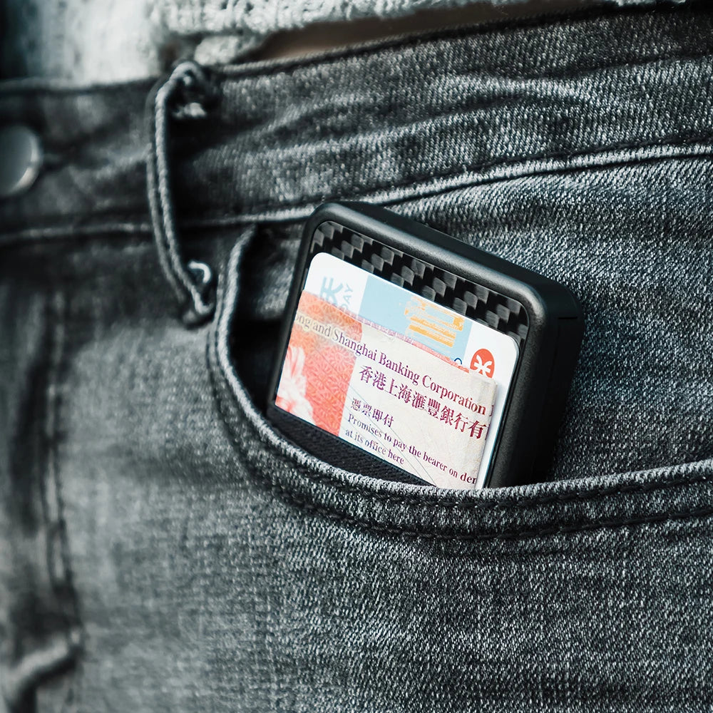 NewBring Card Holder RFID Blocking Sliding Wallet Card Holder Plastic Card Money Purse Carbon Fiber For Men Women Male Female