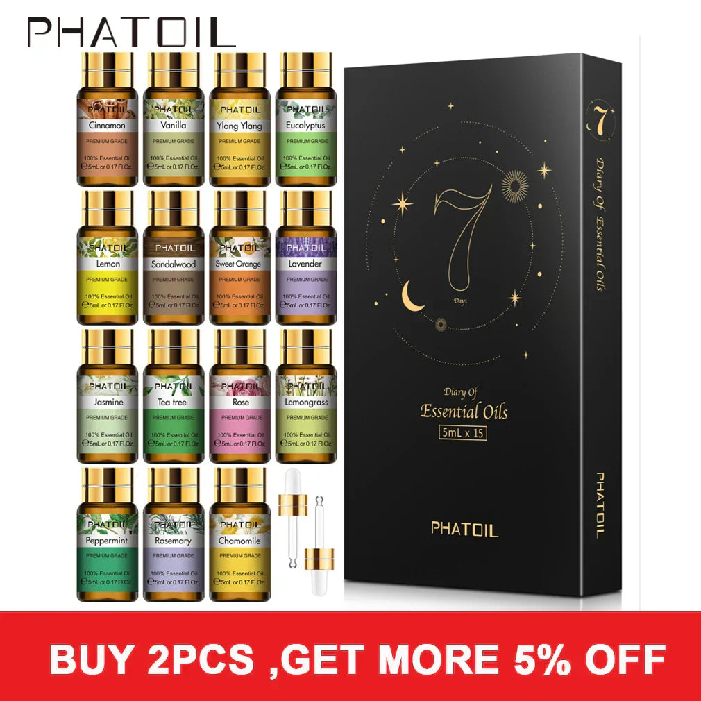 (Pack of 15) Pure Essential Oils Gift Set Natural Plant Aroma Essential Oil Diffuser Eucalyptus Vanilla Mint Lavender Rose Tea Tree Oil