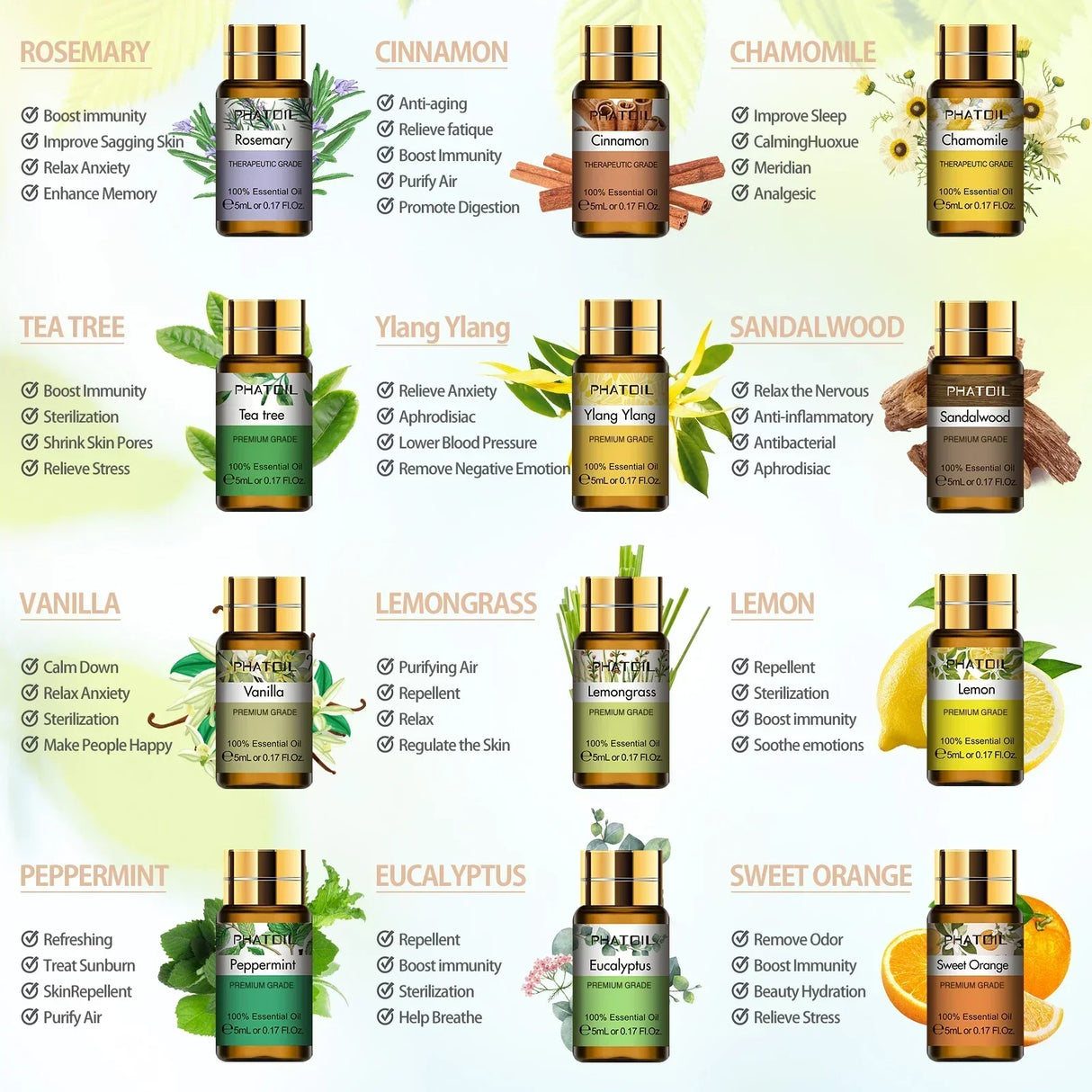(Pack of 15) Pure Essential Oils Gift Set Natural Plant Aroma Essential Oil Diffuser Eucalyptus Vanilla Mint Lavender Rose Tea Tree Oil