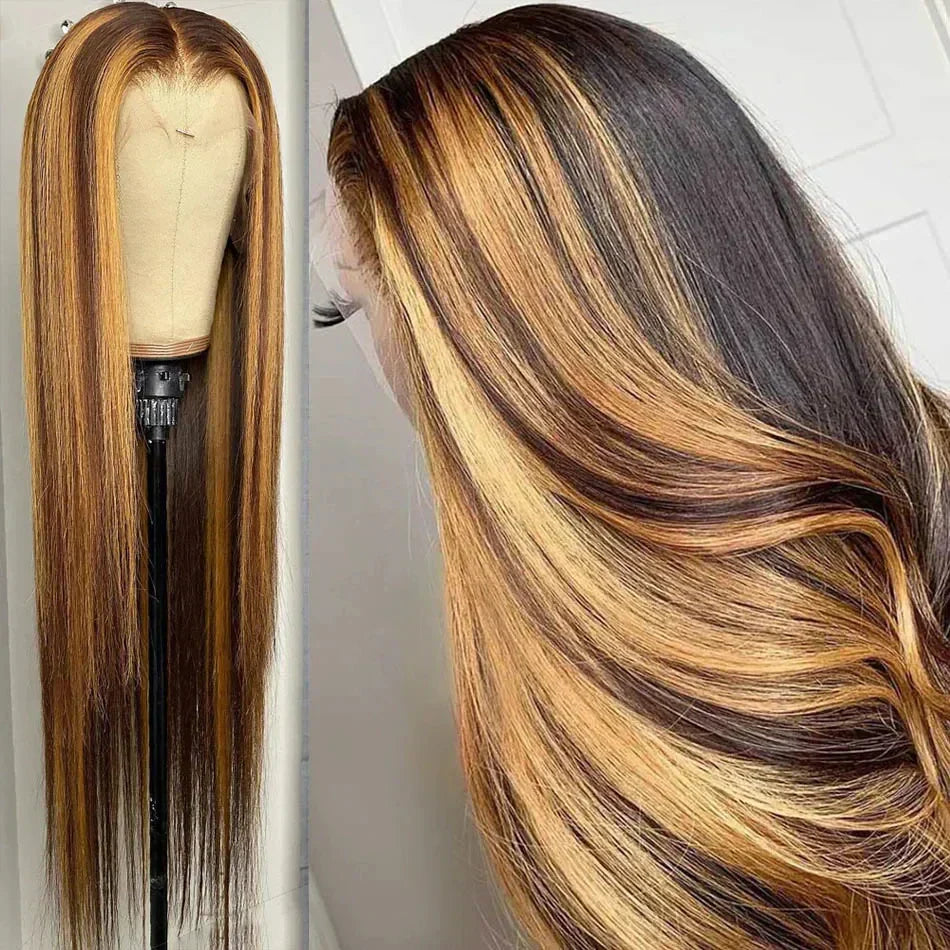 Tewjig Highlight Ombre Hair 30x40 inch 13x6 Lace Front Human Hair Wig For Women 250 Density 13X4 Bone Straight Full Lace Frontal