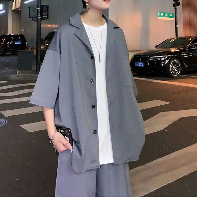 Summer Men's Sets Half Sleeve Blazer Suits Solid Short Sleeve Button Shirt + Shorts Korean Handsome Loose 2 Piece Set Outfits